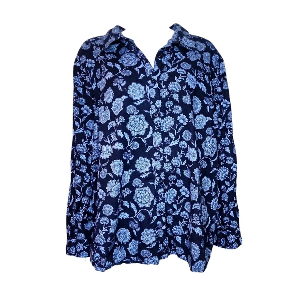 Roamans Shirt Womens Plus Size‎ 28W Blue Floral Button Down Long Sleeve Collared